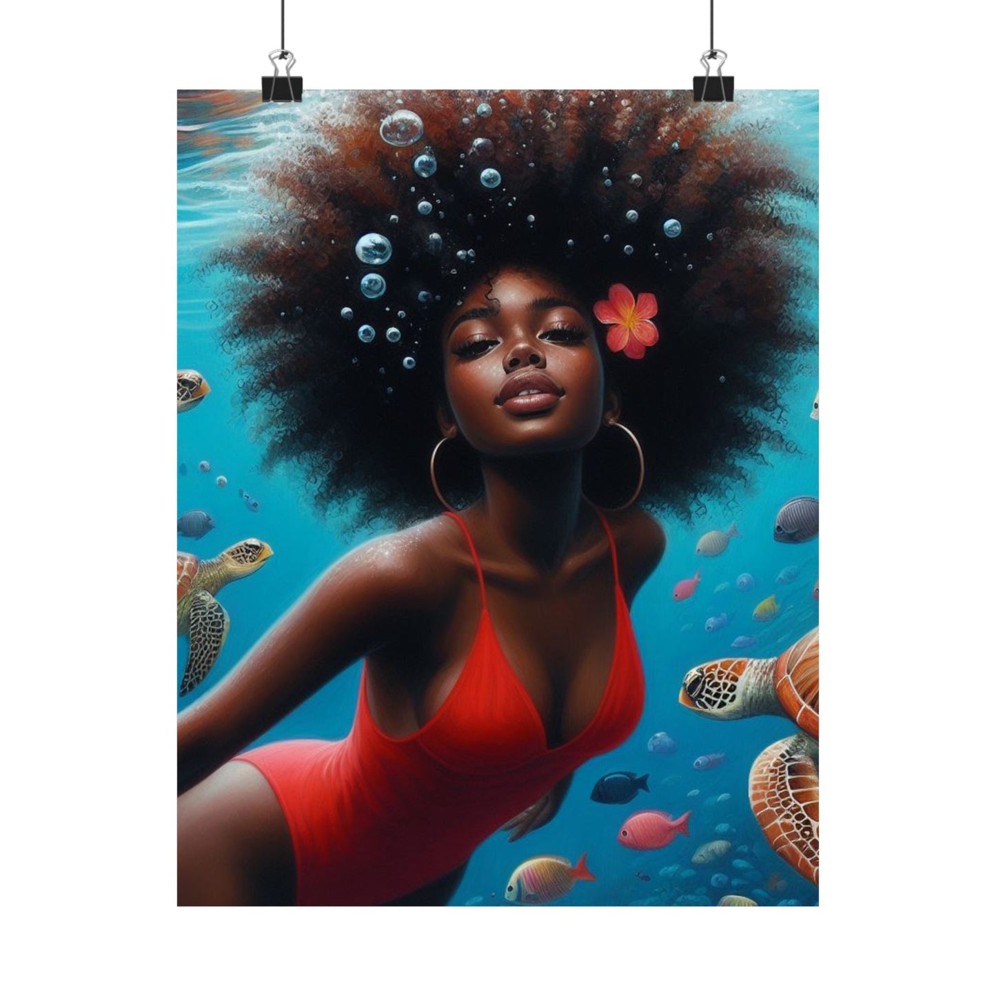 Black Mermaid in Red Satin Poster