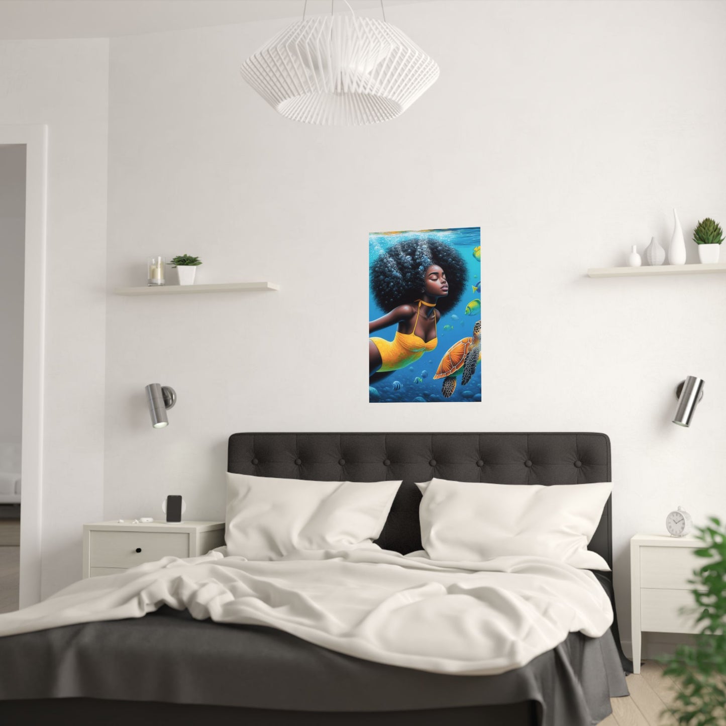 Black Mermaid in Yellow Satin Poster