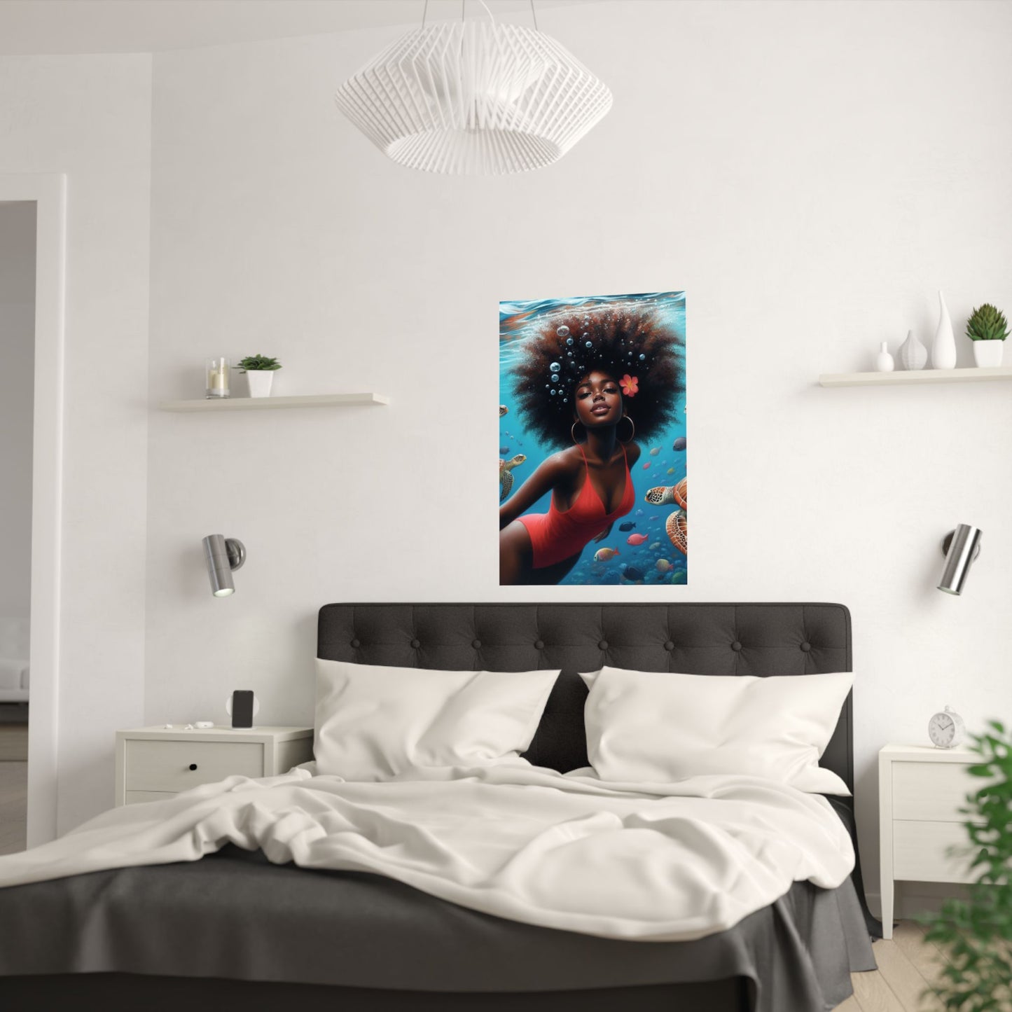 Black Mermaid in Red Satin Poster