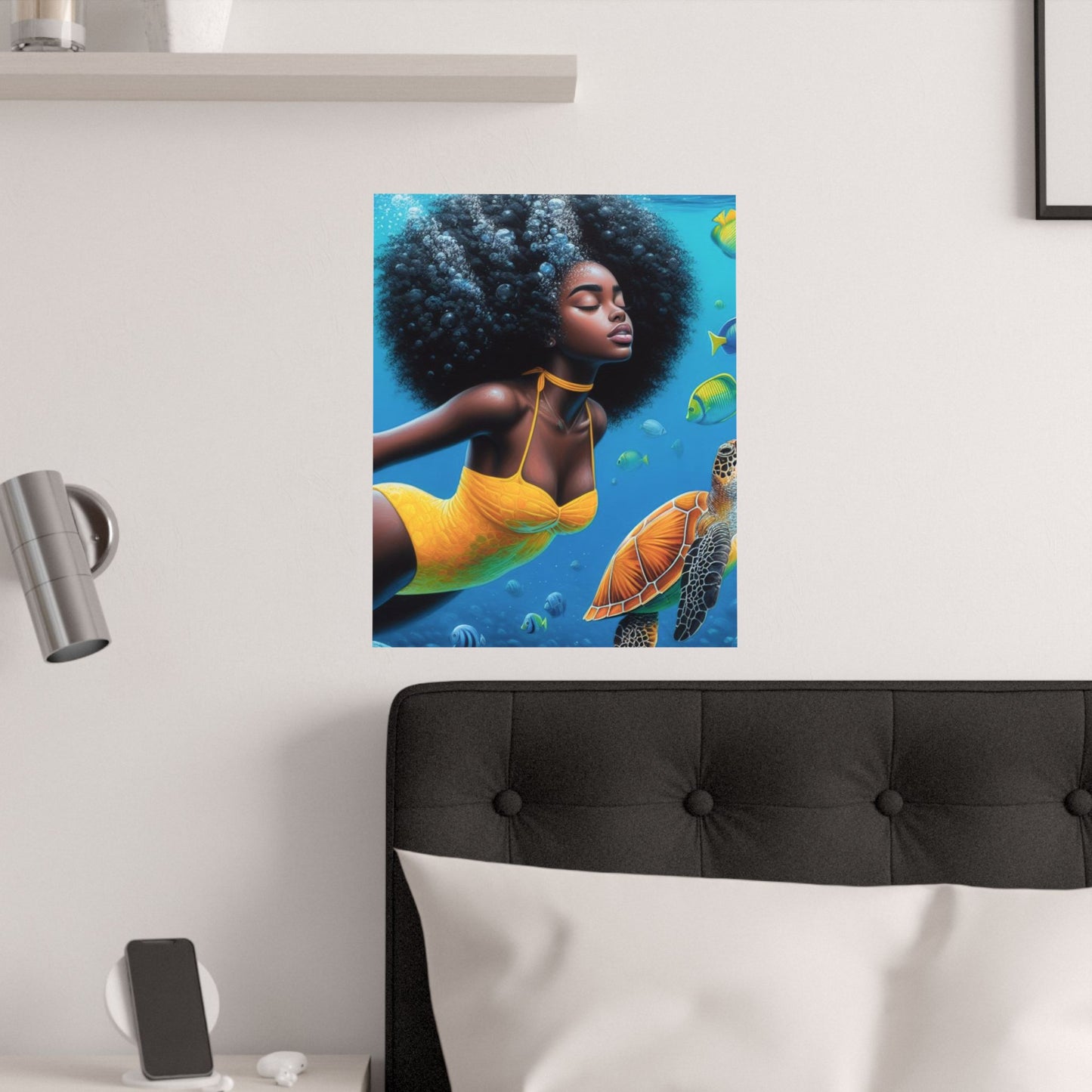 Black Mermaid in Yellow Satin Poster