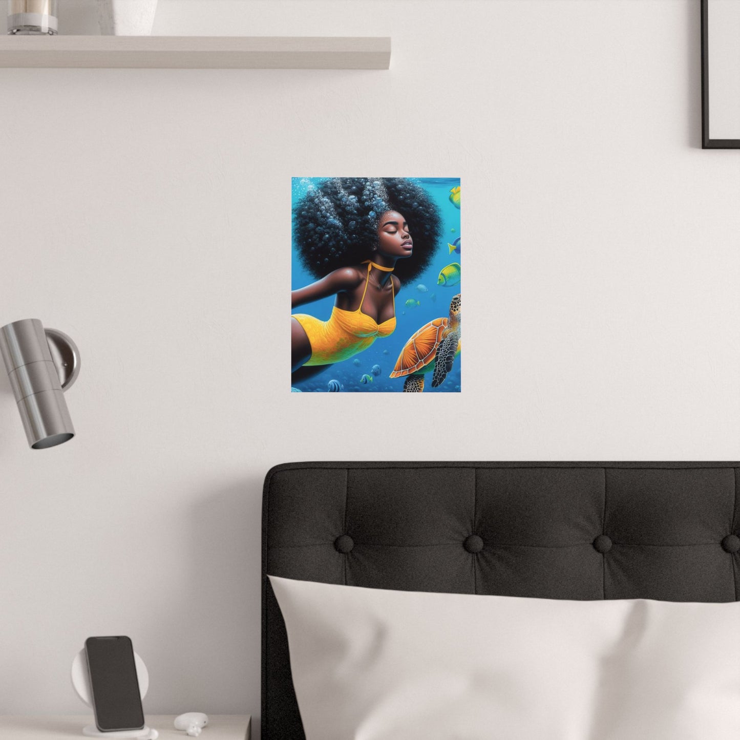 Black Mermaid in Yellow Satin Poster