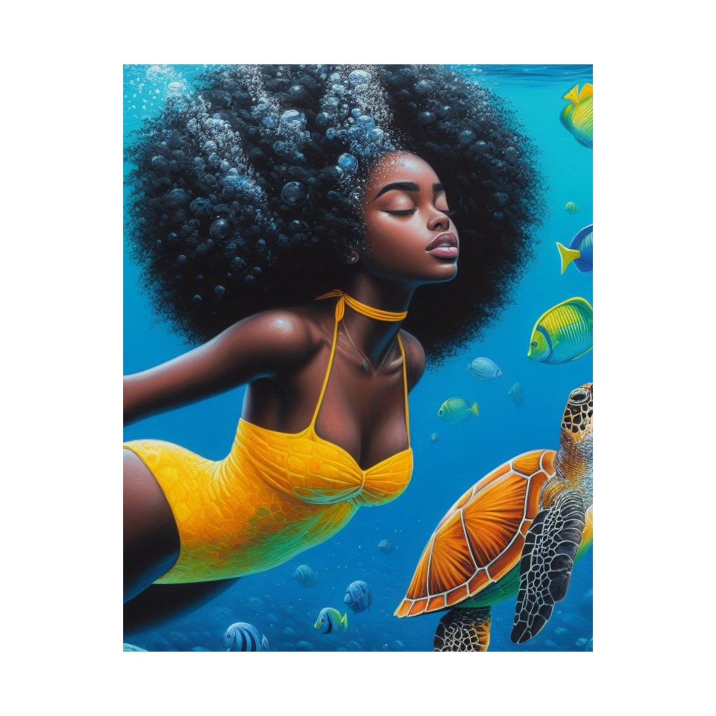 Black Mermaid in Yellow Satin Poster