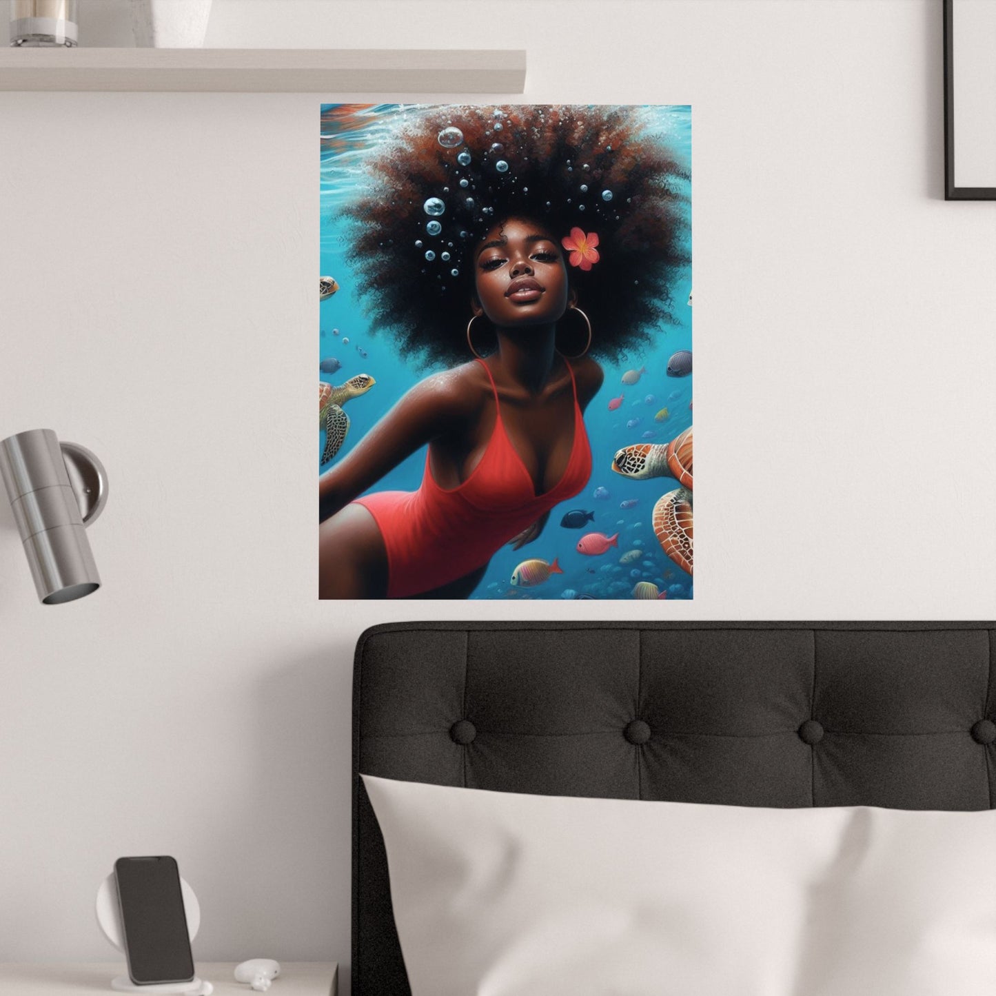 Black Mermaid in Red Satin Poster
