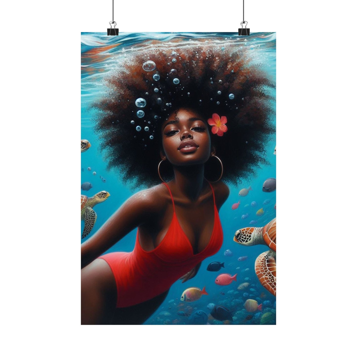 Black Mermaid in Red Satin Poster