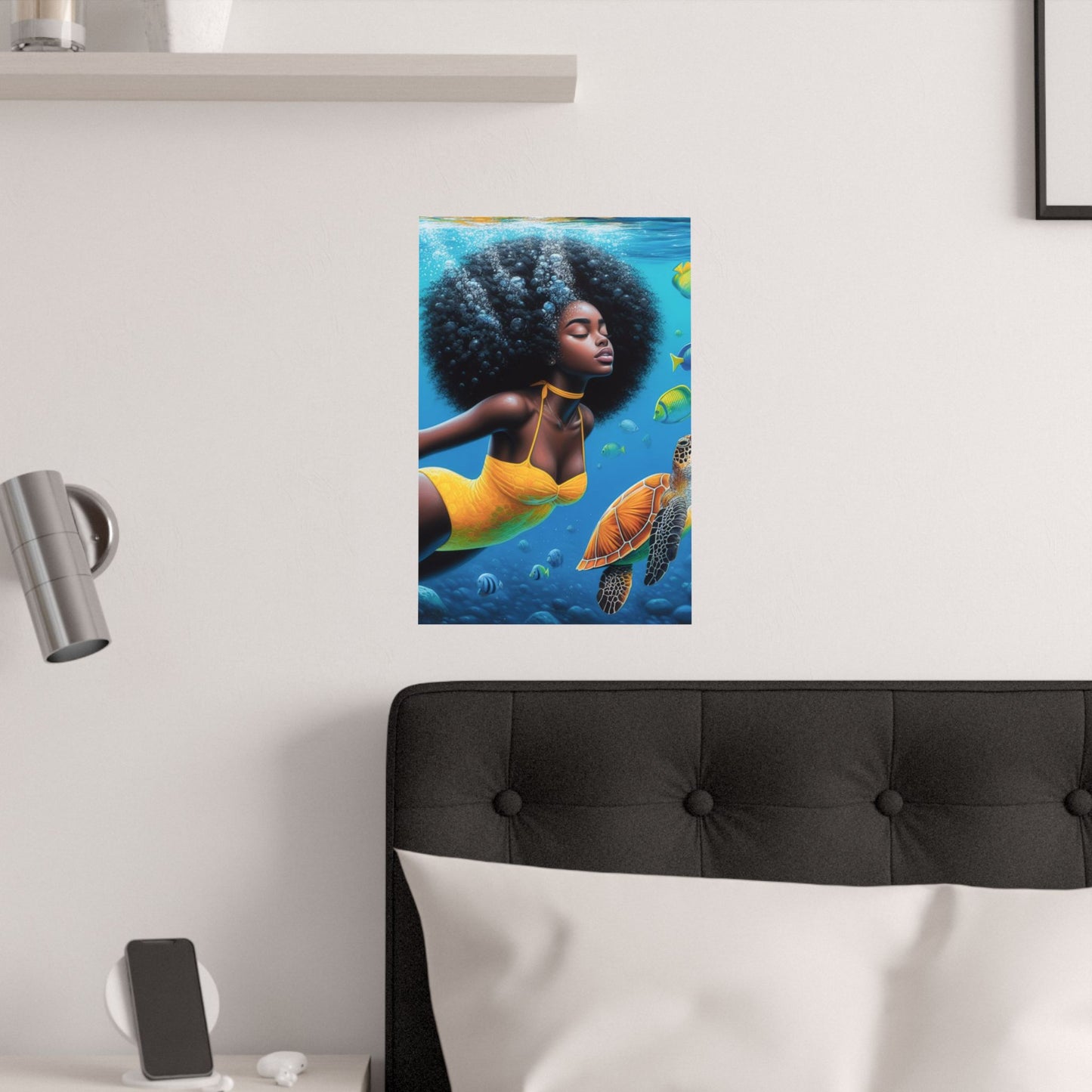 Black Mermaid in Yellow Satin Poster
