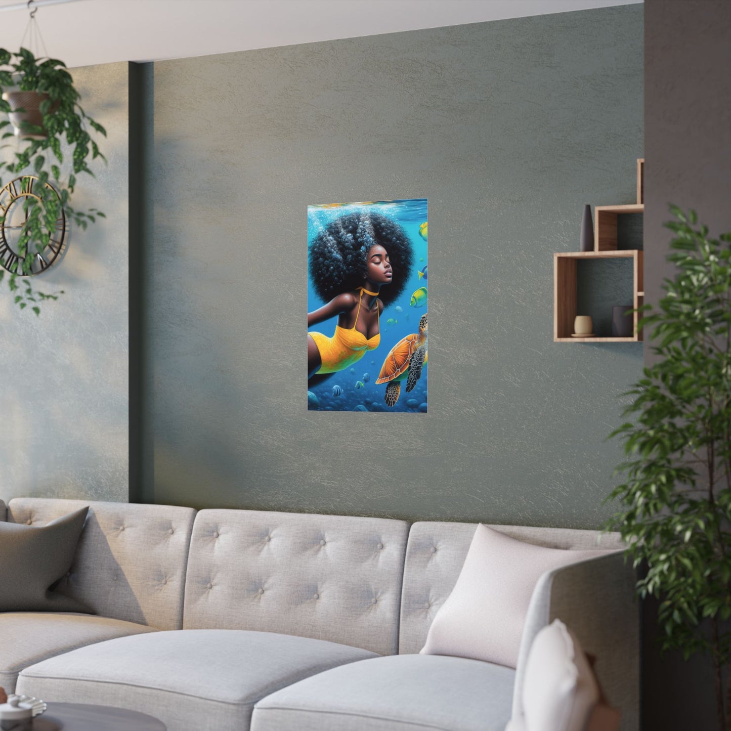 Black Mermaid in Yellow Satin Poster