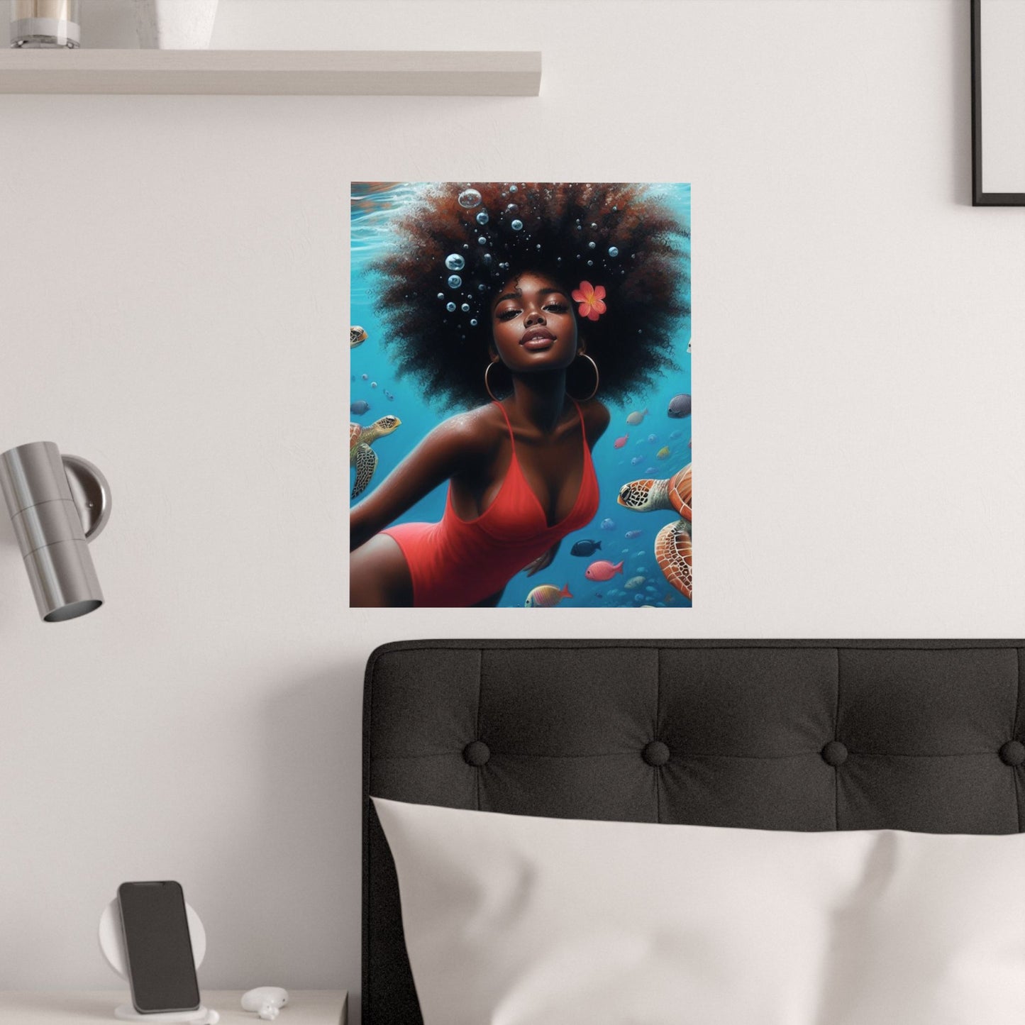 Black Mermaid in Red Satin Poster