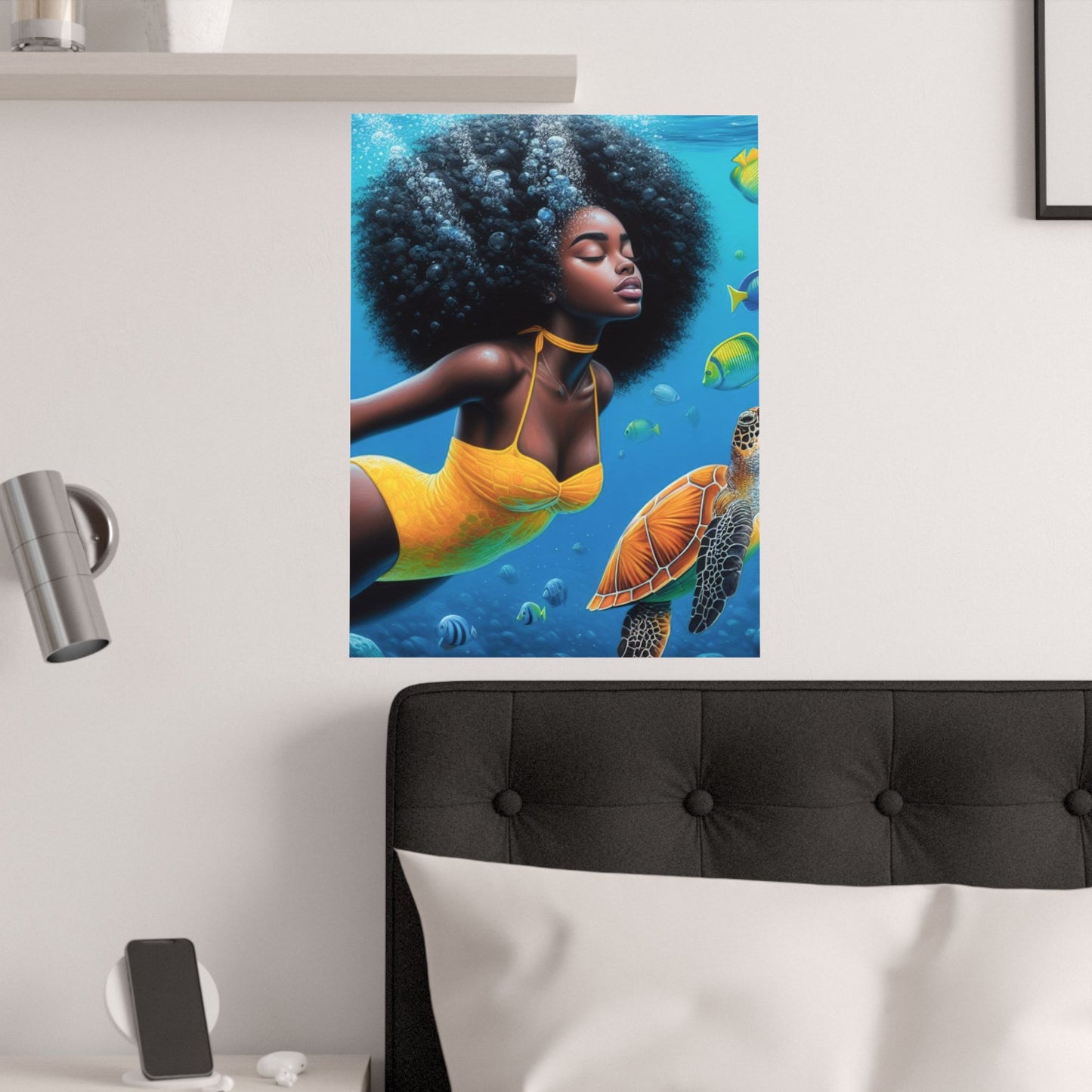 Black Mermaid in Yellow Satin Poster