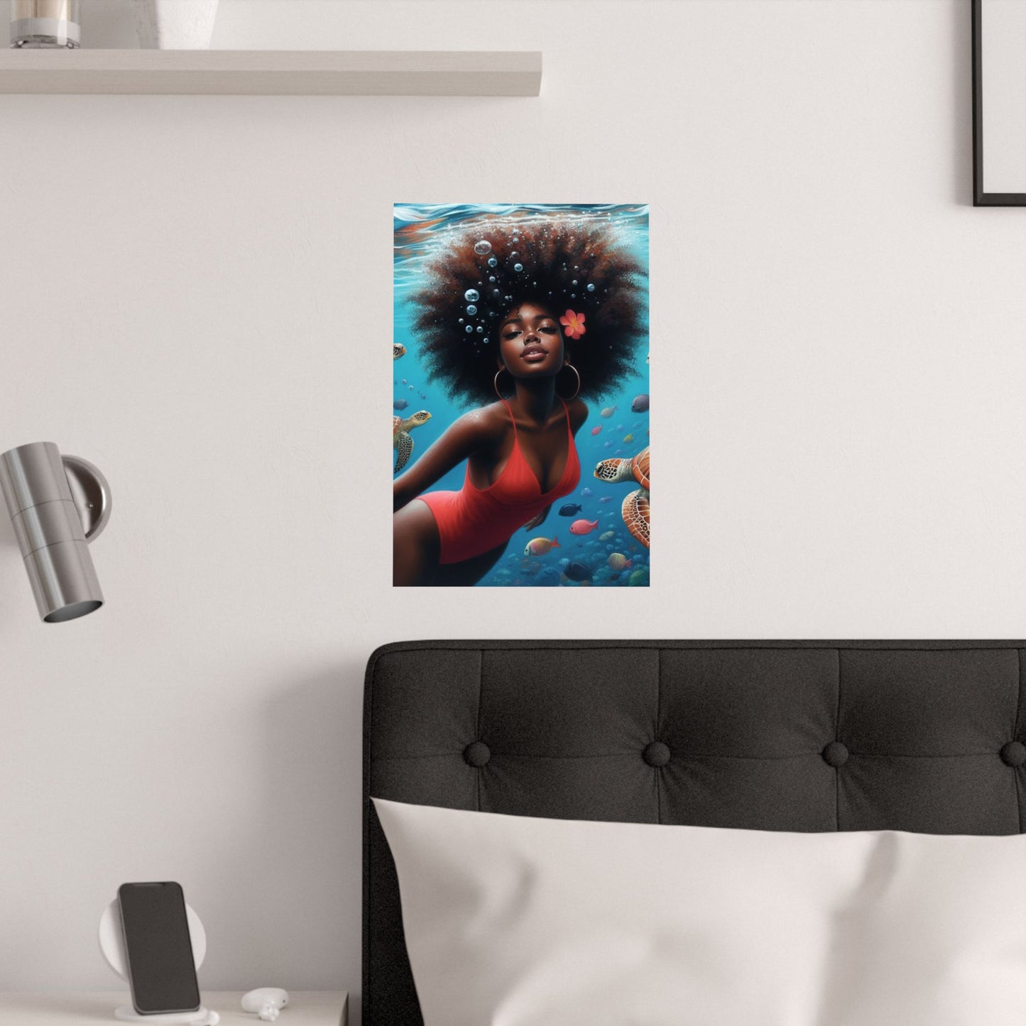 Black Mermaid in Red Satin Poster