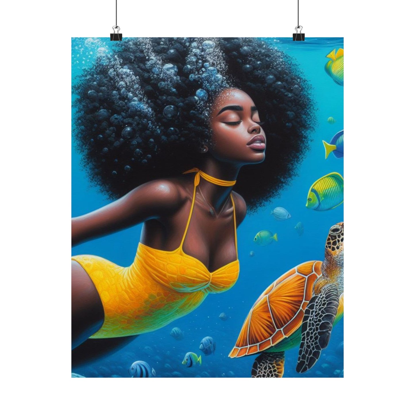 Black Mermaid in Yellow Satin Poster