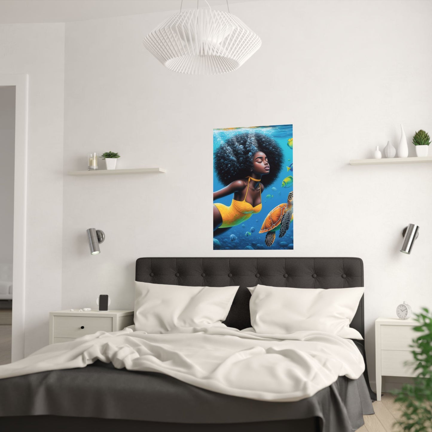 Black Mermaid in Yellow Satin Poster