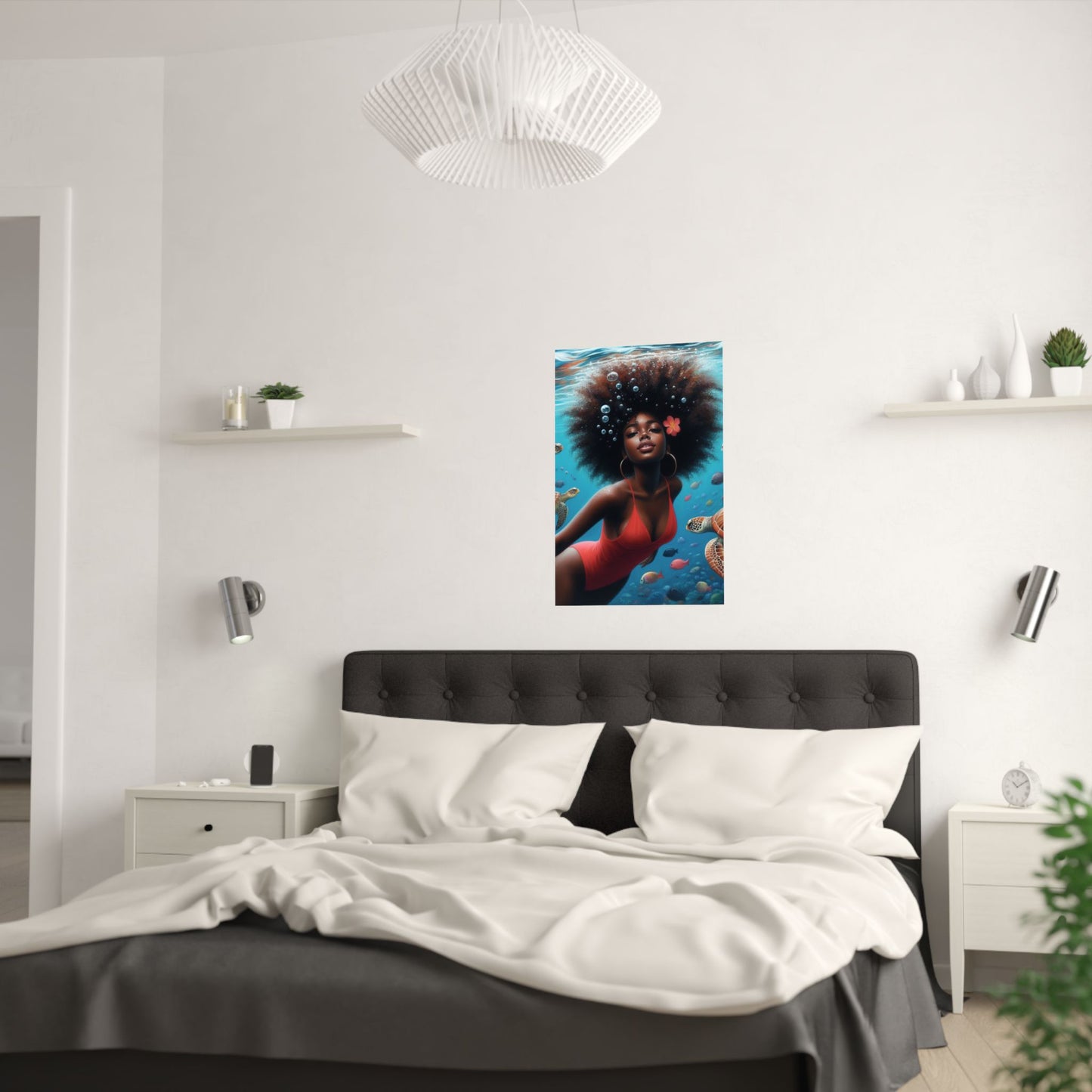 Black Mermaid in Red Satin Poster