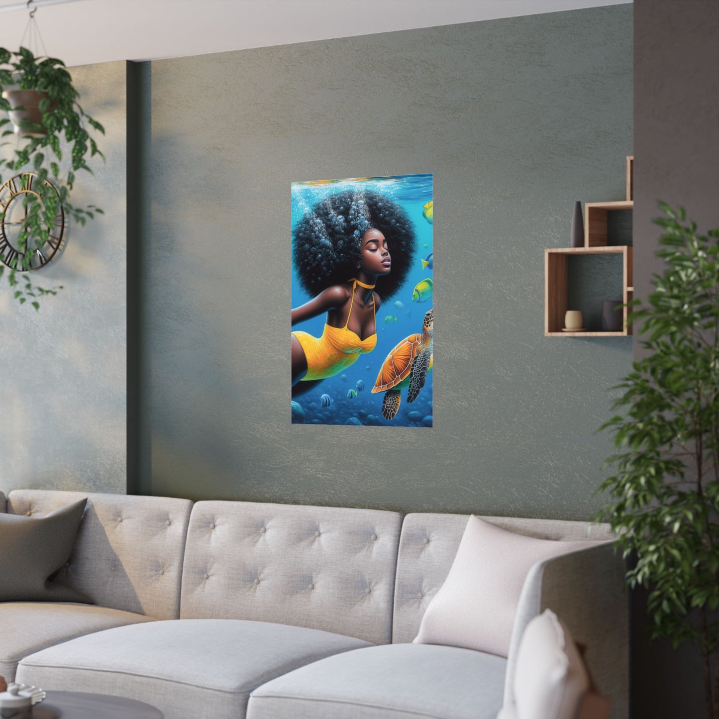 Black Mermaid in Yellow Satin Poster