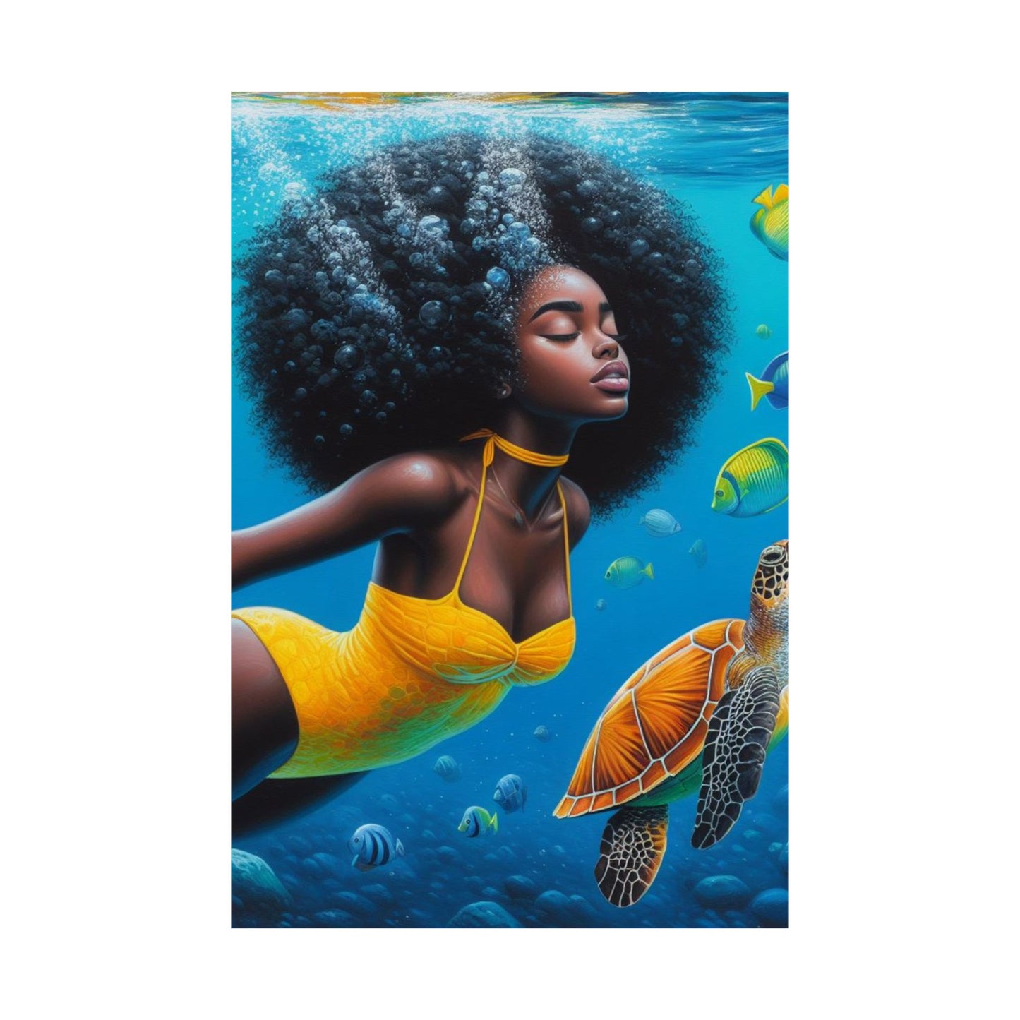 Black Mermaid in Yellow Satin Poster